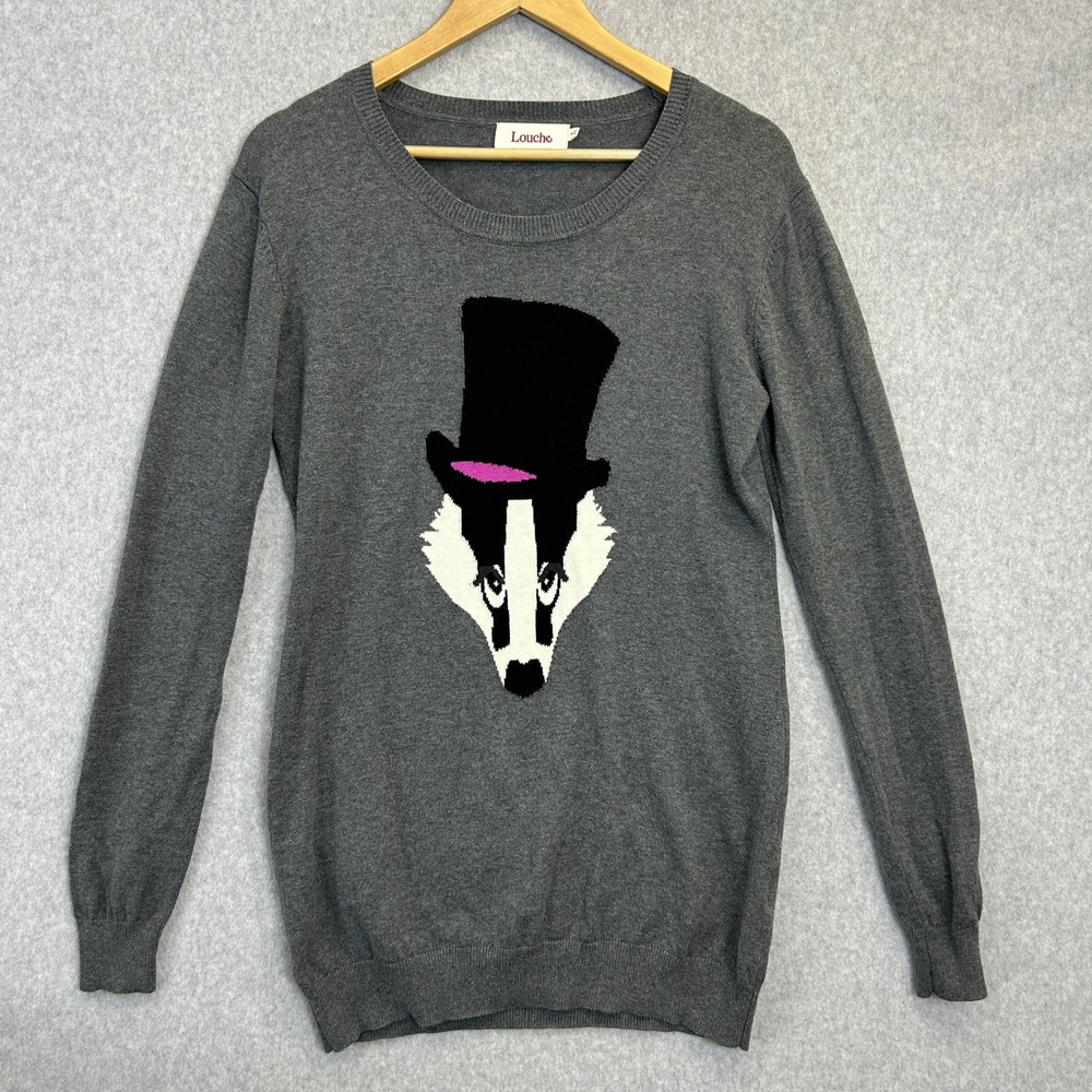 Louche Sweater Gray Badger Top Hat Novelty Whimsy Cotton Knit Pullover Womens XS